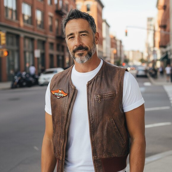 Men’s Distressed Brown Leather Vest XL Full Zip Lined Pockets Vintage w/ Patches - Picture 11 of 11